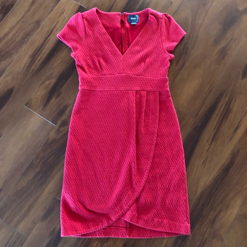 Red v-neck, zip back Anthropologie dress by Maeve